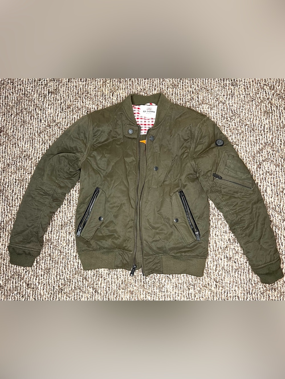 Ben Sherman Olive Quilted Bomber Jacket with Zip Pockets